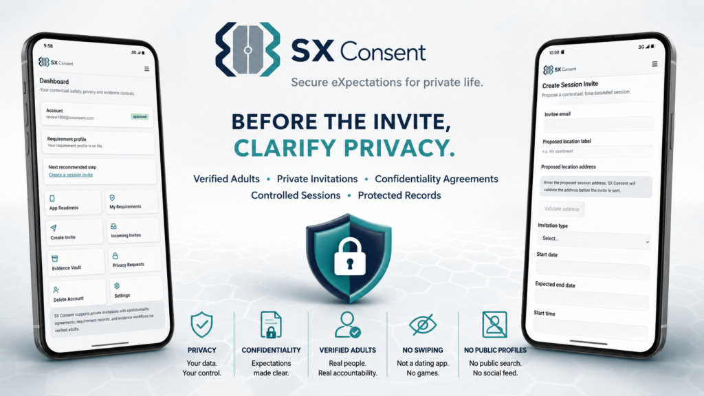 SX Consent privacy-tech visual showing protected private invitations, verified adults, confidentiality expectations and no public profiles.
