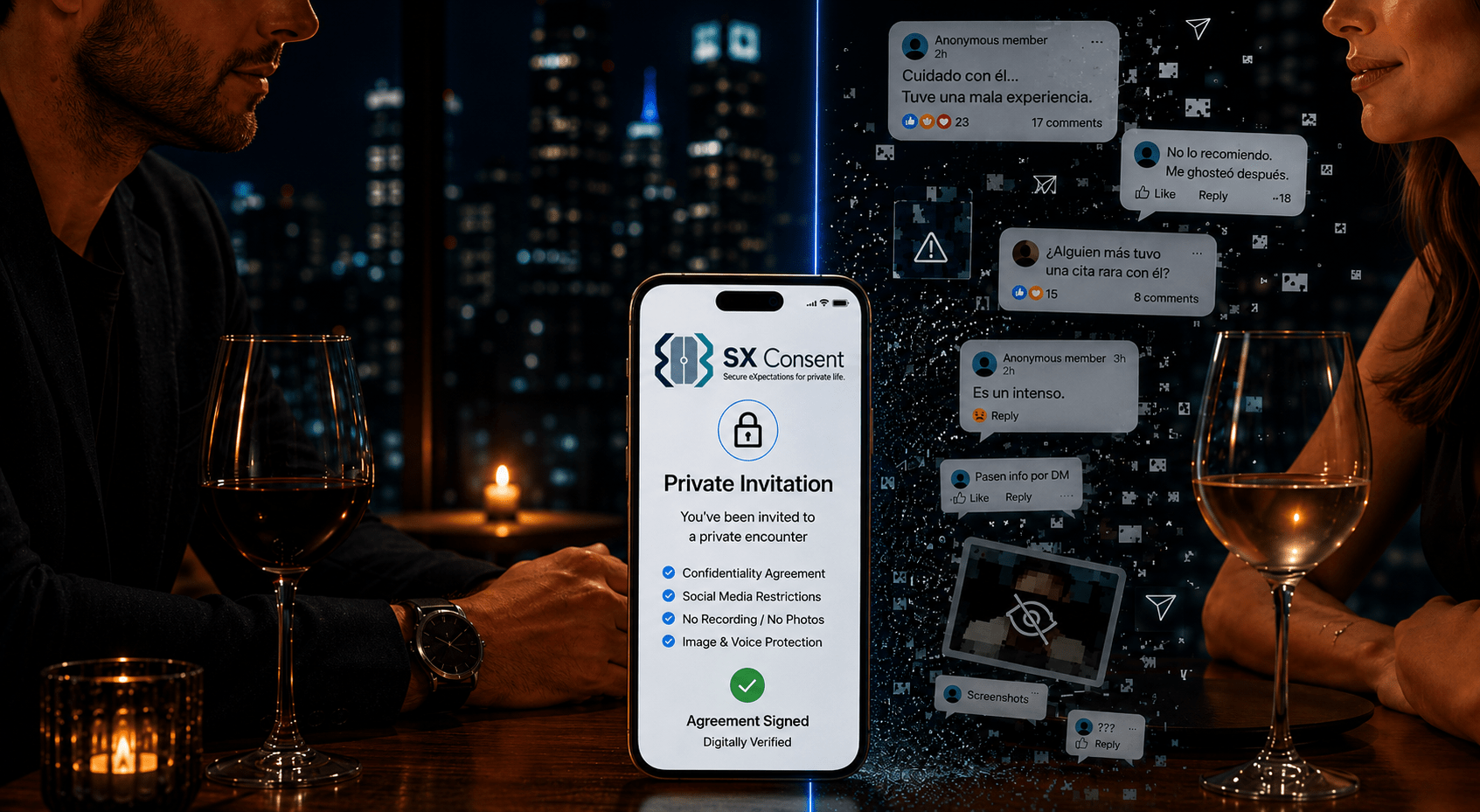 SX Consent private invitation and confidentiality agreement illustrating privacy and reputation protection before an offline date.